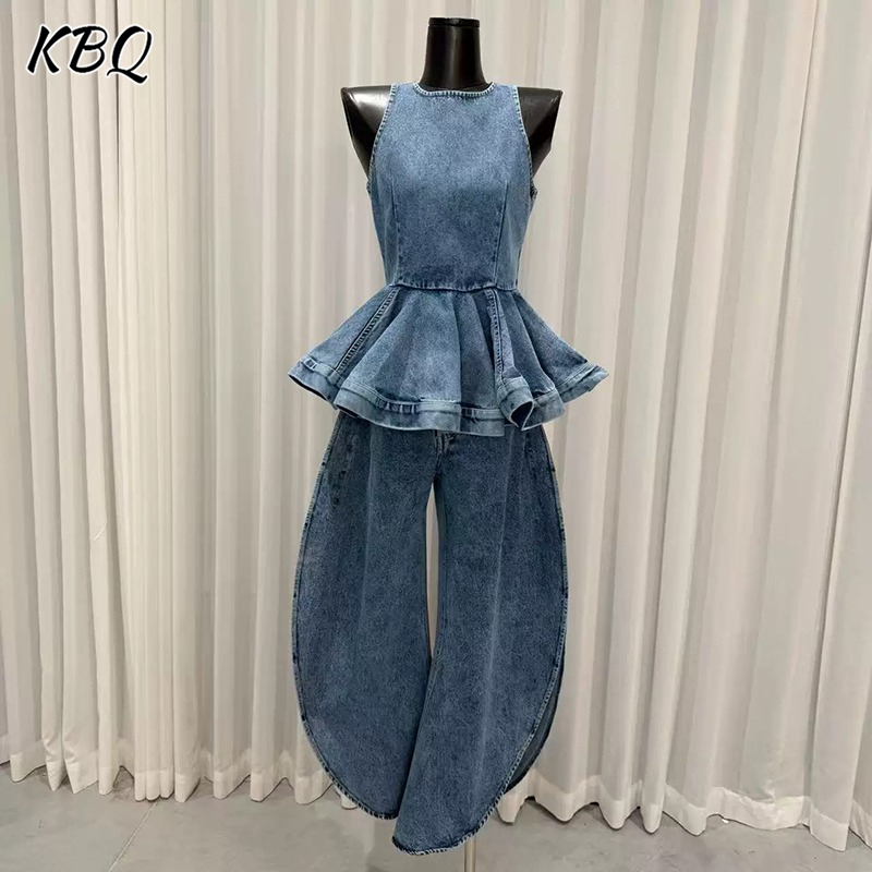 Vintage Fashion Style Female - KBQ 블루 스플라이스 폴드 투피스 세트