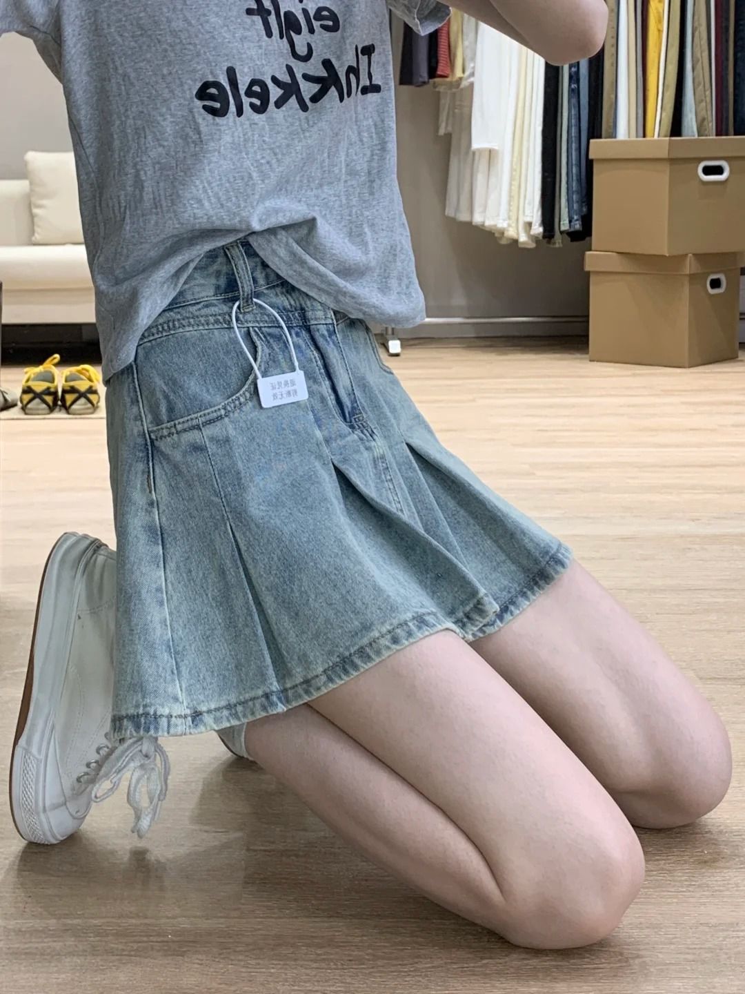 Vintage Fashion Jeans - 여성 하이웨이스트 데님 플리츠 스커트 빈티지