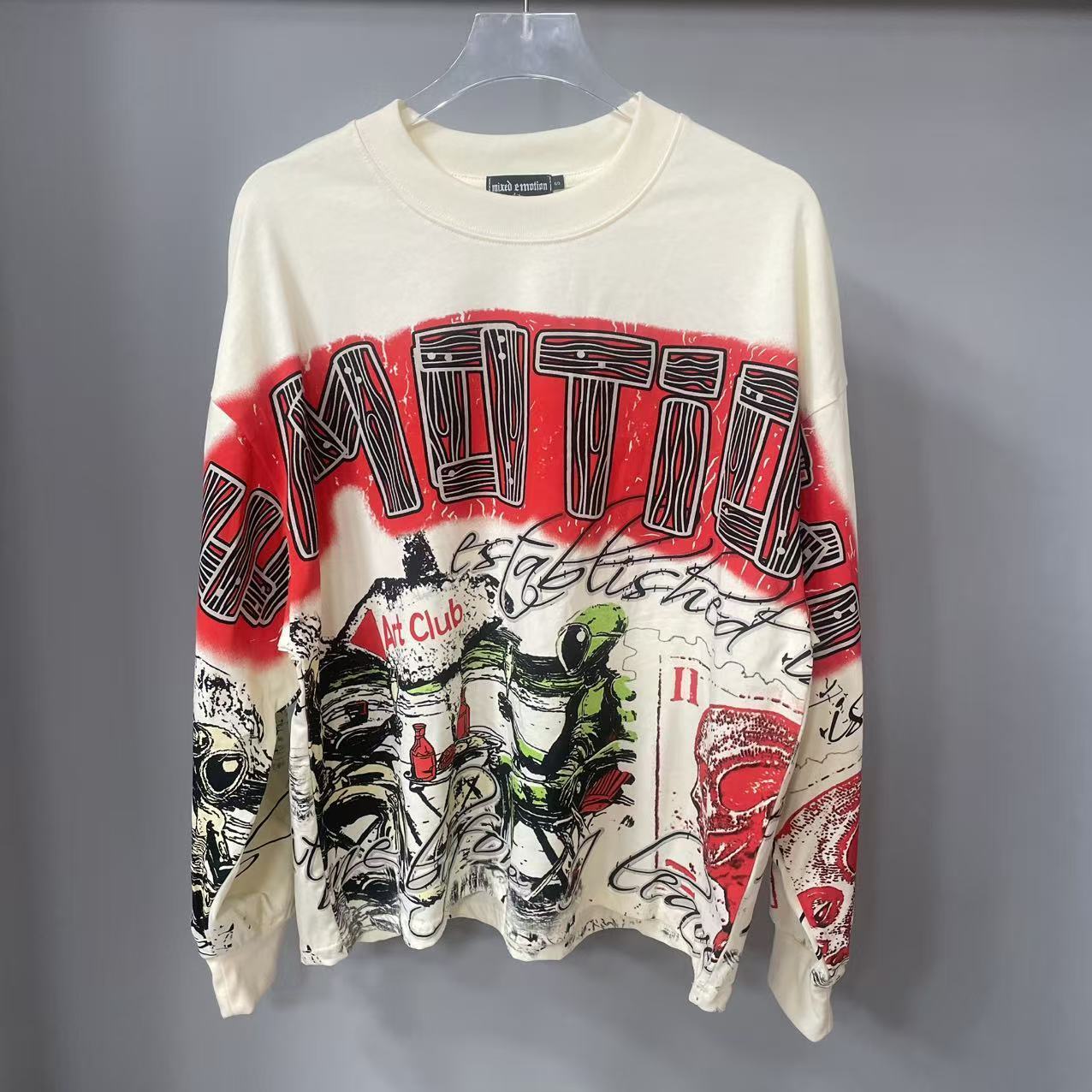 Vintage Fashion Design - 고품질 디자이너 MIXED-EMOTION 긴팔 티셔츠 100%