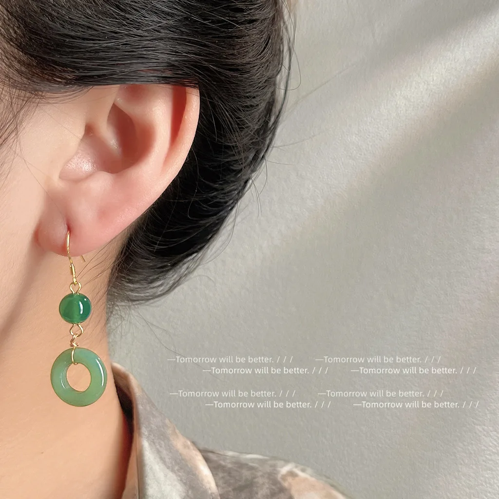 Vintage Fashion Rings For Women - 녹색 진짜 옥 반지 귀걸이 행운의