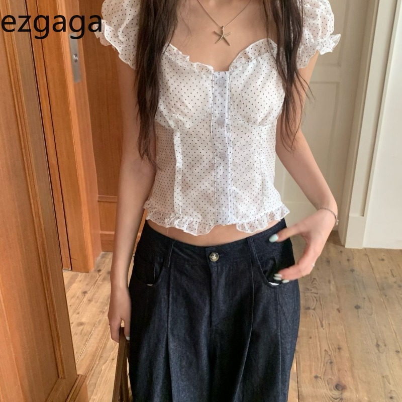 Vintage Fashion Style Female - Ezgaga 셔츠 여성 폴카 도트 프린트
