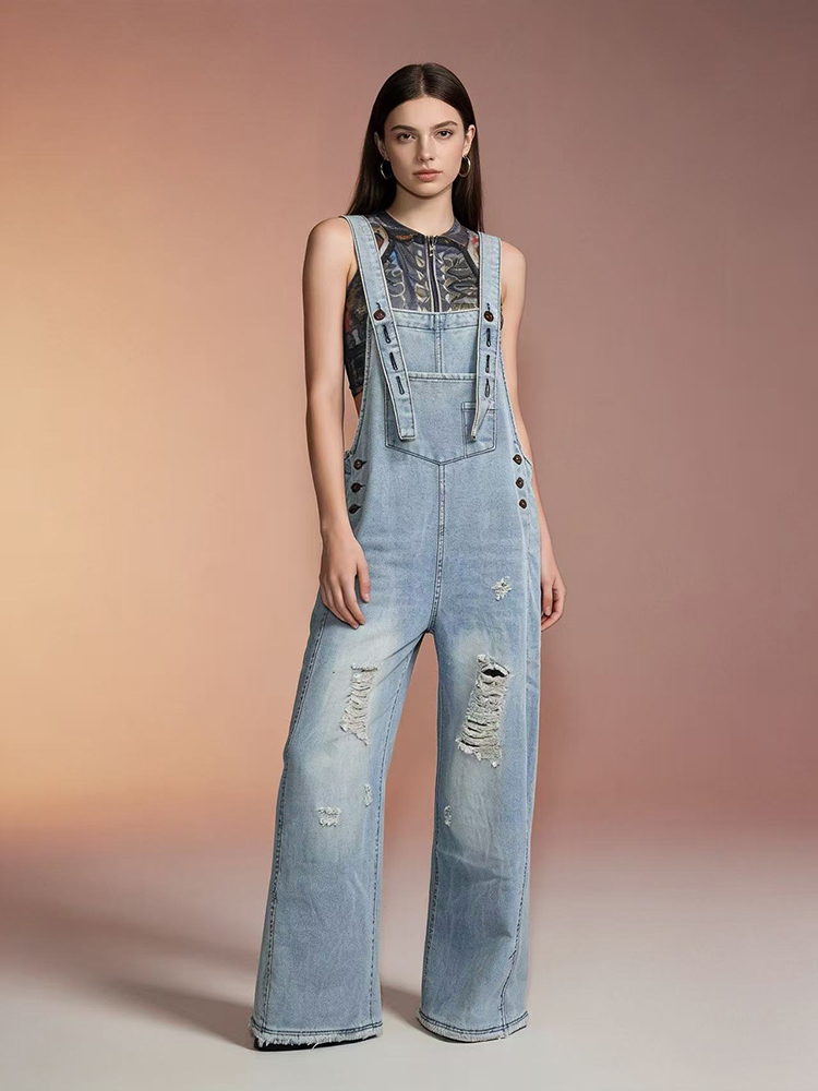Vintage Fashion Jeans - 패션 레트로 찢어진 데님 오버올 여성용