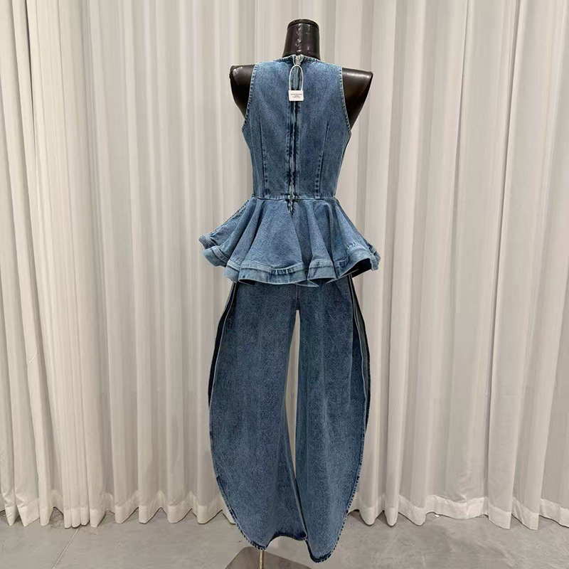 KBQ 블루 스플라이스 폴드 투피스 세트 여성 O넥 민 - Vintage Fashion Style Female 리뷰 및 가격