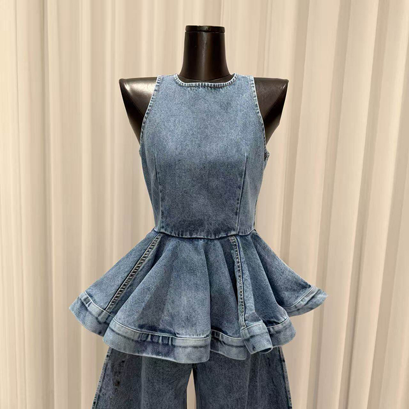 KBQ 블루 스플라이스 폴드 투피스 세트 여성 O넥 민 - Vintage Fashion Style Female 리뷰 및 가격