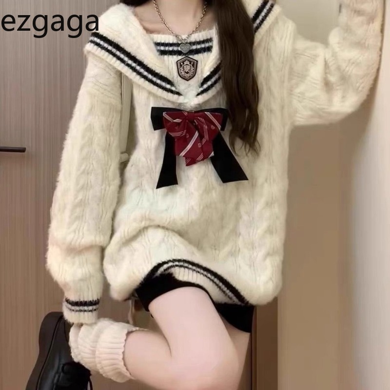 Ezgaga 니트 스웨터 여성 프레피 스타일 보우 세일 - Vintage Fashion Style Female 리뷰 및 가격