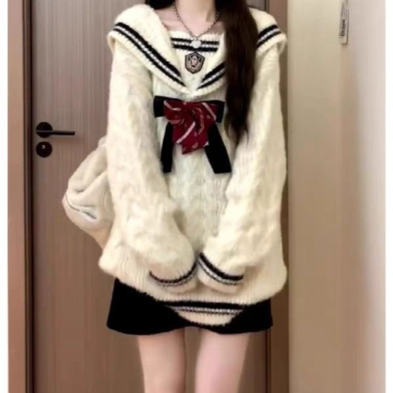Ezgaga 니트 스웨터 여성 프레피 스타일 보우 세일 - Vintage Fashion Style Female 리뷰 및 가격