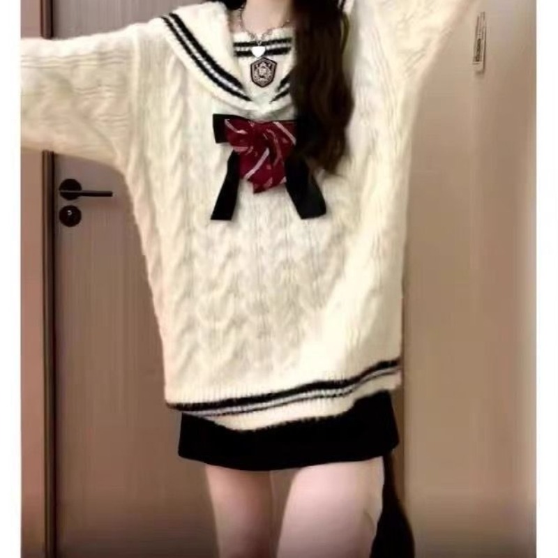 Ezgaga 니트 스웨터 여성 프레피 스타일 보우 세일 - Vintage Fashion Style Female 리뷰 및 가격