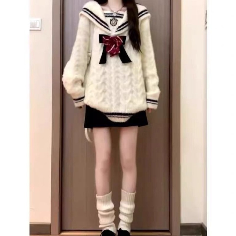 Ezgaga 니트 스웨터 여성 프레피 스타일 보우 세일 - Vintage Fashion Style Female 리뷰 및 가격