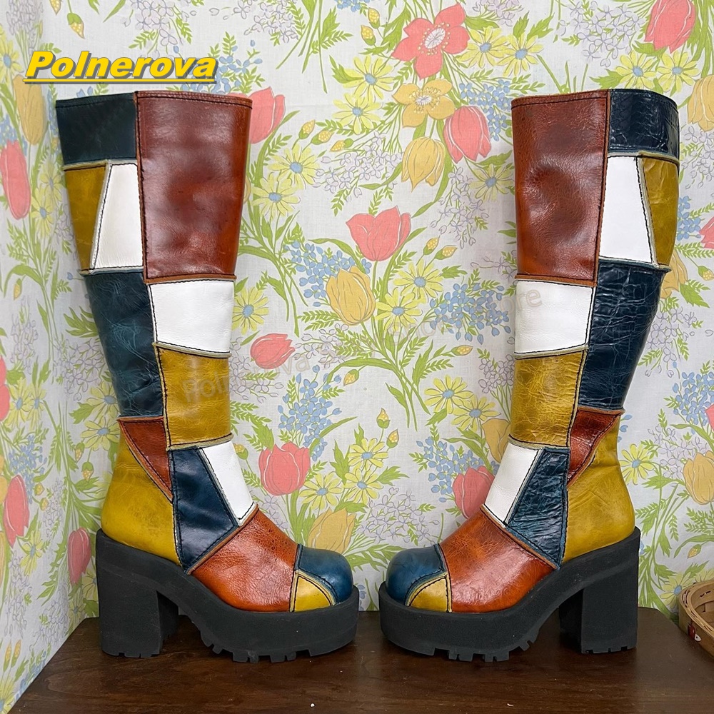 여성 레트로 패치워크 가죽 니하이 부츠 컬러 블록 청키 - Vintage And Modern Fashion 리뷰 및 가격