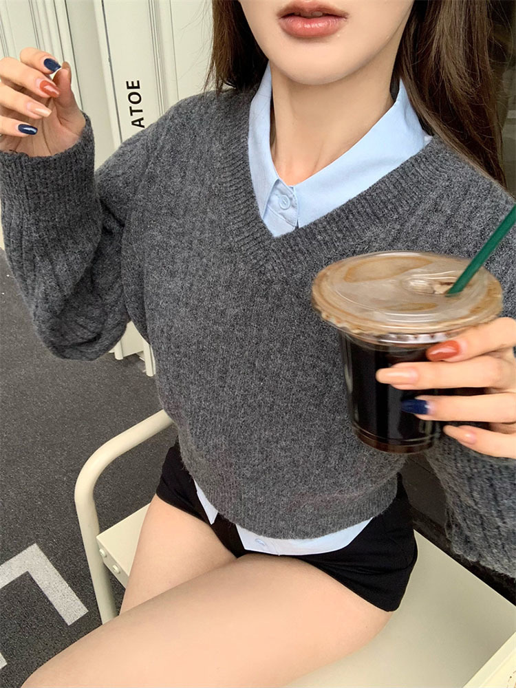 여성용 기본 회색 크롭 스웨터, 빈티지 한국 스타일,  - Vintage Fashion Style Female 리뷰 및 가격