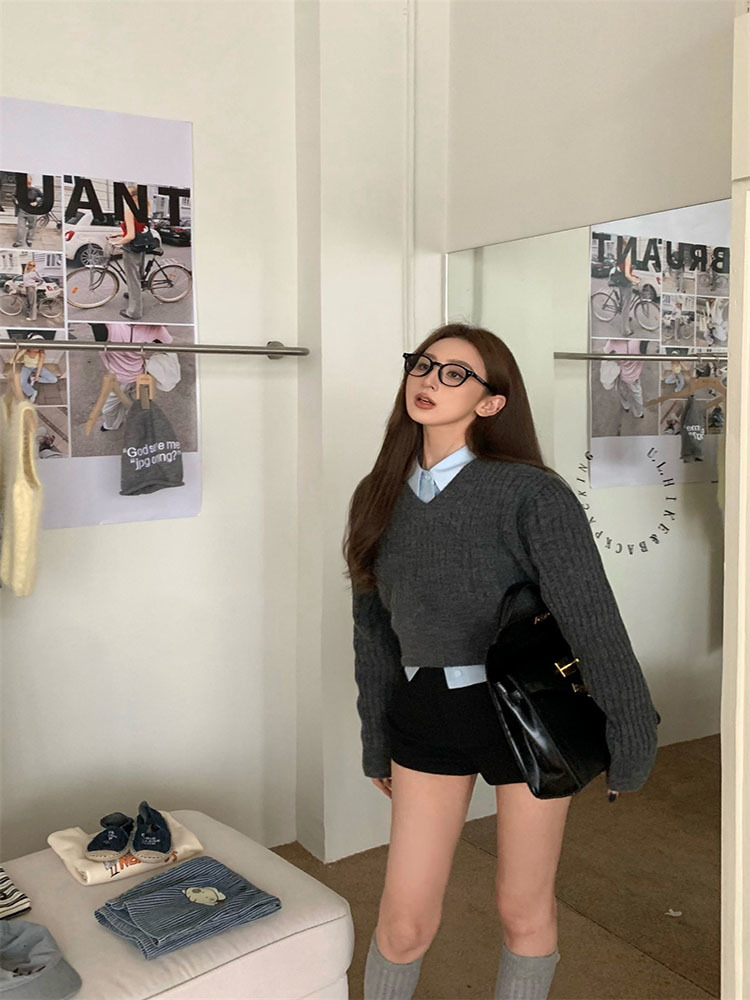 여성용 기본 회색 크롭 스웨터, 빈티지 한국 스타일,  - Vintage Fashion Style Female 리뷰 및 가격