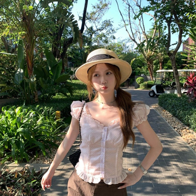 Ezgaga 셔츠 여성 폴카 도트 프린트 퍼프 반팔 슬 - Vintage Fashion Style Female 리뷰 및 가격