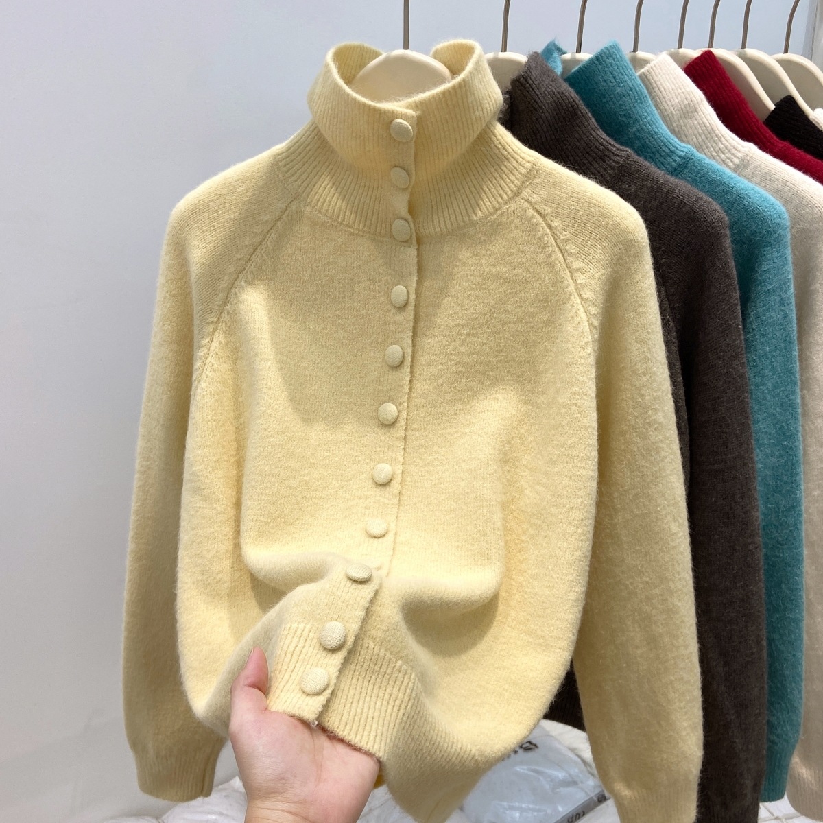 새로운 솔리드 캔디 여성용 니트 스웨터 긴소매 가디건  - Turtleneck Knit 90S 리뷰 및 가격